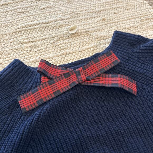 J Crew Mercantile Navy Blue Knit High Neck Sweater Red Plaid Bow Size M Preppy - Picture 2 of 8